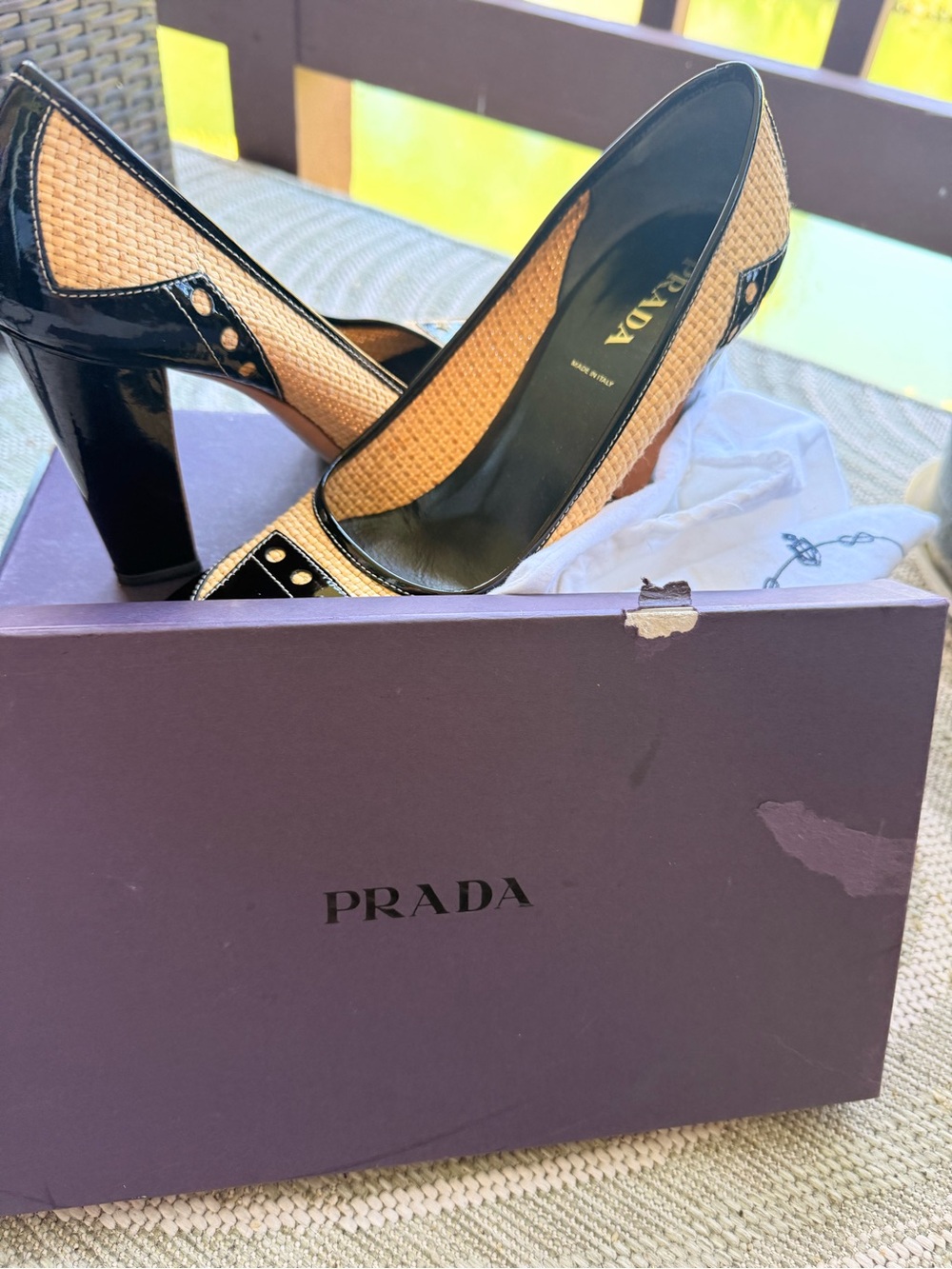 Prada Black Patent Trim Tan Woven Block Heel Pumps